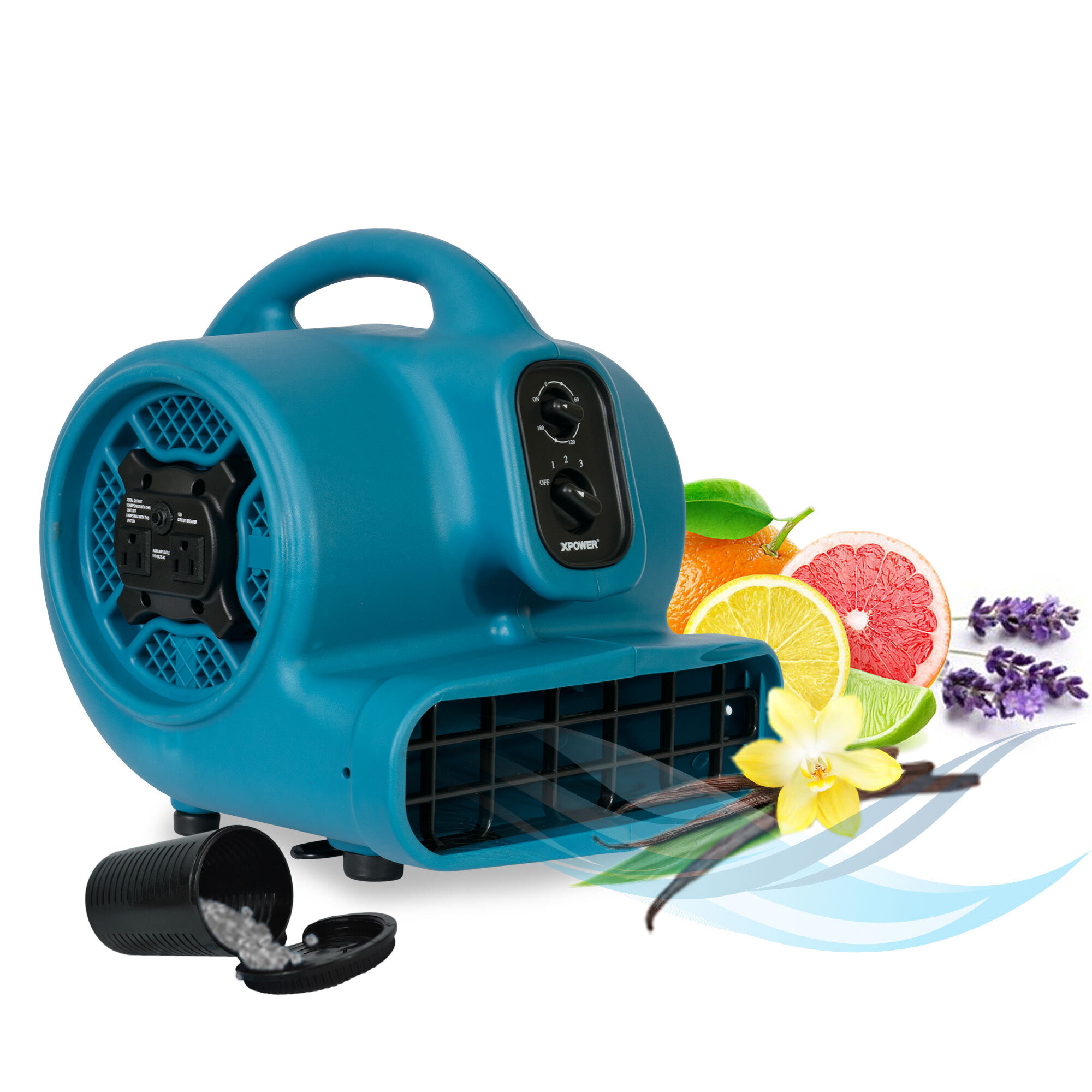 XPOWER, 1/3 HP Scented Air Mover w/ Power Outlets Timer, Fan Diameter 7.75 in, Air Delivery 2000 cfm, Model# P-450AT